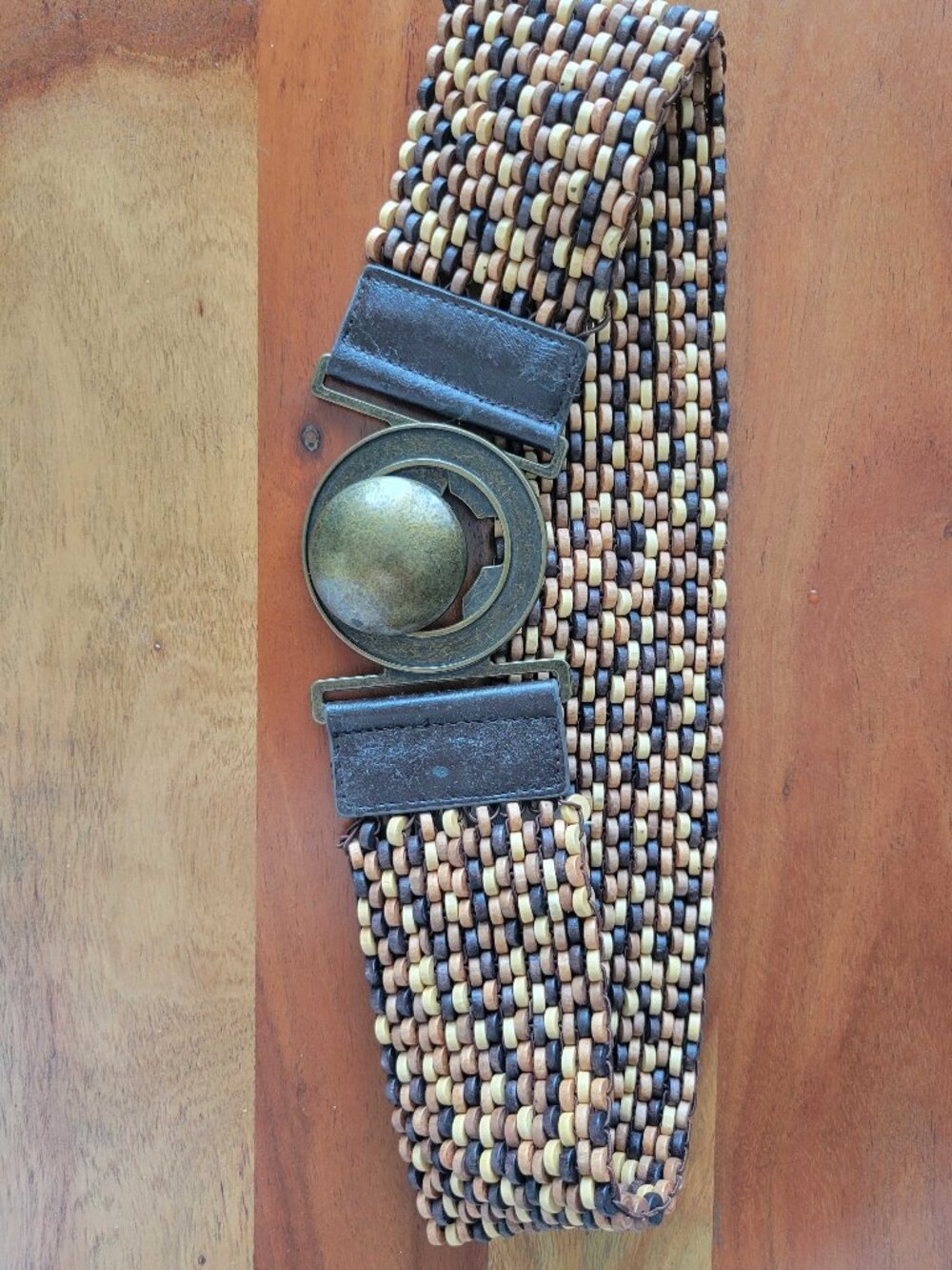 Ecote Wooden Beaded Elastic Stretch Belt Large Buckle Southwestern Artisanal S